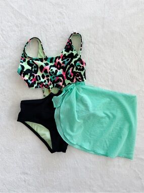 Art Class Girls Cutout One-Piece Swimsuit Sz S 6/7 Neon Leopard w/ Cover Up